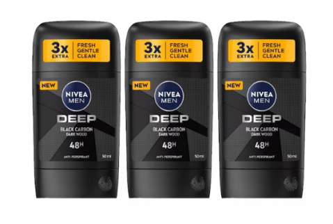 Deodorante si antiperspirante - Set 3 x Deodorant Stick Nivea Men 50ml, Deep Black Carbon Dark Wood, Anti-urme albe, revirgorant, prospetime de durata, protectie 48h