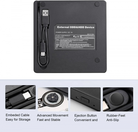 DVD Writer Extern, CD-RW, DVD-RW, Citire si Scriere CD/DVD, Compatibil cu Windows, Mac OS, Linux, Plug and Play, Alimentare USB 3.0 sau USB Type-C, Negru, [1]