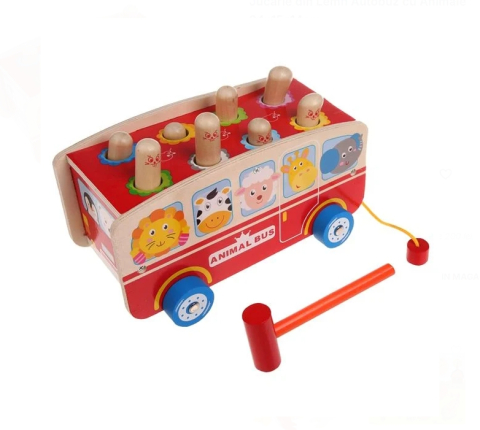 Jucarii interactive din lemn - Jucarie din Lemn Autobuz cu Animale 24x15x14cm