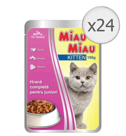 Hrana pentru pisici - Hrana umeda pentru pisici junior, Miau Miau, Pui, 24x100g