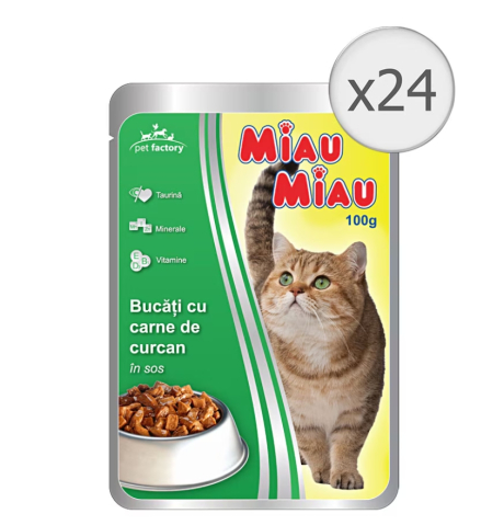 Hrana pentru pisici - Hrana umeda pentru pisici Miau Miau,, 24x100g, Curcan