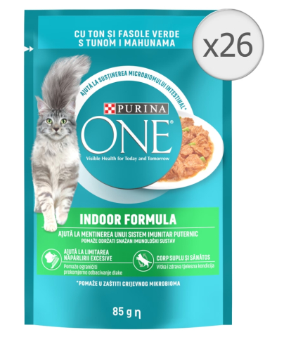 Hrana pentru pisici - Hrana umeda pentru pisici Purina One Indoor, Mini Fileuri cu Ton & Fasole Verde, In Sos, 26 x 85 g