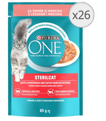 Hrana pentru pisici - Hrana umeda pentru pisici Purina One Sterilcat, Mini Fileuri In Sos, Somon & Morcovi, 26 x 85 g
