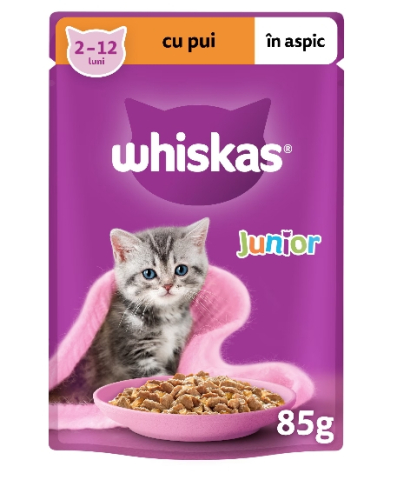 Hrana pentru pisici - Hrana umeda pentru pisici Whiskas, junior, pui in aspic, 28 x 85 g