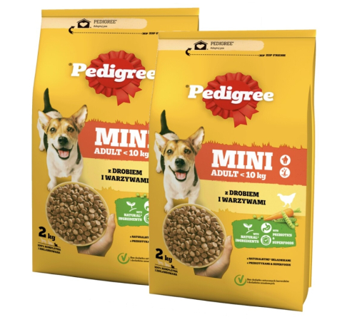Hrana pentru caini - PEDIGREE Adult Mini Set 2x2kg cu carne de pasare si legume, hrana uscata pentru caini mici sub 10 kg