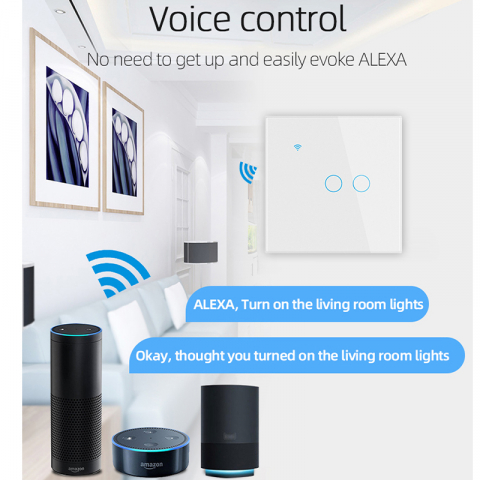 Intrerupator Inteligent cu Touch, WiFi, Control la Distanta, Compatibil cu Alexa/Google Assistant, Sticla Securizata, Cu/Fara Nul, 10A, 2 Canale, Alb [6]