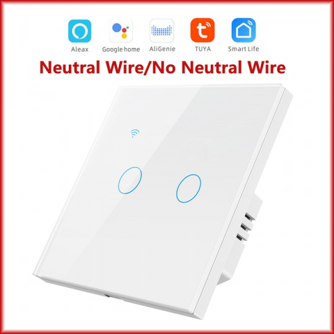 Intrerupator Inteligent cu Touch, WiFi, Control la Distanta, Compatibil cu Alexa/Google Assistant, Sticla Securizata, Cu/Fara Nul, 10A, 2 Canale, Alb [1]