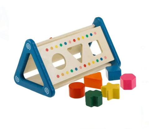 Jucarii interactive din lemn - Jucarie Sortator Triunghiular cu Forme & Roti Dintate 23,5x14x12,5cm