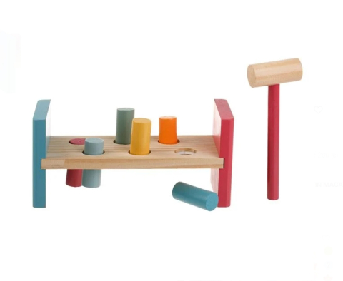 Jucarii interactive din lemn - Jucarie din Lemn Banc cu Forme Colorate & Ciocan pentru Bebelusi 22x9x10cm