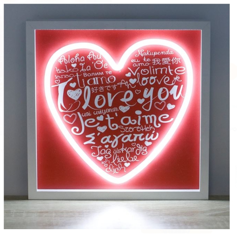 Lampi cu LED - Panou LED Neon Rosu cu Inima si Mesaje de Dragoste 25x25cm
