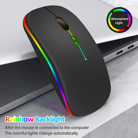 Mouse Wireless Reincarcabil, Iluminare RGB, Bluetooth 5.1 si 2.4GHZ, Reglabil 800/1200/1600DPI, Silentios, Ergonomic, Negru [2]