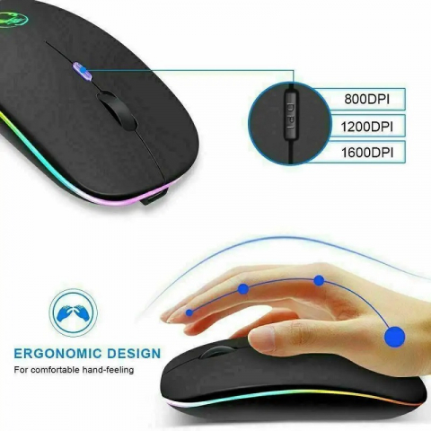 Mouse Wireless Reincarcabil, Iluminare RGB, Bluetooth 5.1 si 2.4GHZ, Reglabil 800/1200/1600DPI, Silentios, Ergonomic, Negru [3]