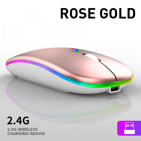 Mouse Wireless Reincarcabil, Iluminare RGB, Bluetooth 5.1 si 2.4GHZ, Reglabil 800/1200/1600DPI, Silentios, Ergonomic, Rose Gold [1]