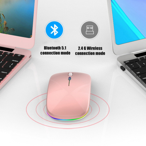 Mouse Wireless Reincarcabil, Iluminare RGB, Bluetooth 5.1 si 2.4GHZ, Reglabil 800/1200/1600DPI, Silentios, Ergonomic, Rose Gold [3]