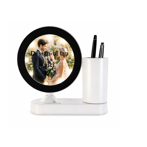 Cadouri pentru EA - Oglinda magica cu insertie foto si lumina LED cu suport de pixuri - ROTUND