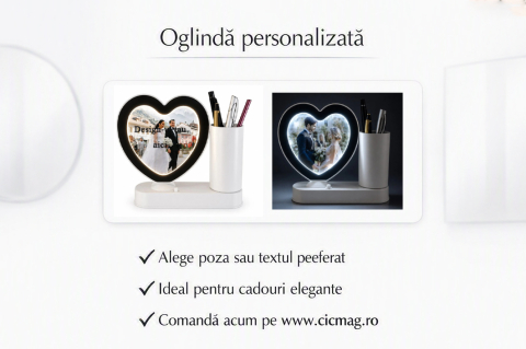 Cadouri pentru EA - Oglinda magica cu insertie foto si lumina LED cu suport de pixuri - INIMA