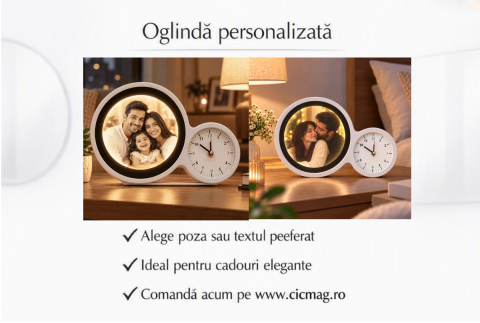 Cadouri pentru EA - Oglinda magica cu ceas insertie foto si lumina LED - ROTUNDA