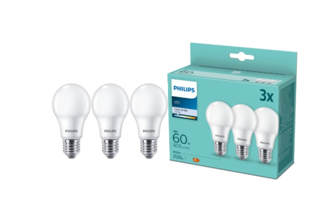 Becuri - Pachet 3 becuri LED Philips, A60, E27, 8W (60W), 806 lm, lumina alba rece (4000K), clasa energetica F