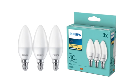 Becuri - Pachet 3 becuri LED Philips B35, E14, 5W (40W), 470 lm, lumina alba calda (2700K), clasa energetica F