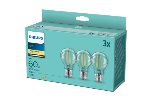 Pachet 3 becuri LED filament Philips, A60, E27, 7W (60W), 806 lm, lumina alba calda (2700K), clasa energetica E [1]