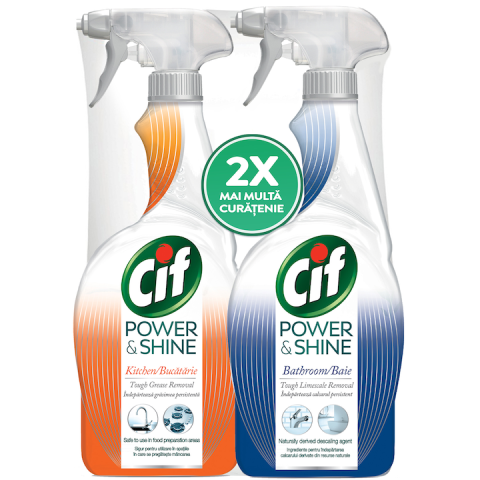 Solutie suprafete - Pachet Cif Power&Shine: Spray degresant bucătărie 750ml + Spray anticalcar baie 750ml
