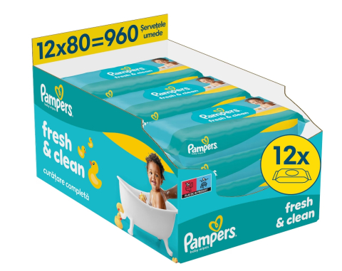 Scutece si servetele umede copii - Servetele umede Pampers Fresh Clean, 12 pachete x 80 servetele, 960 bucati