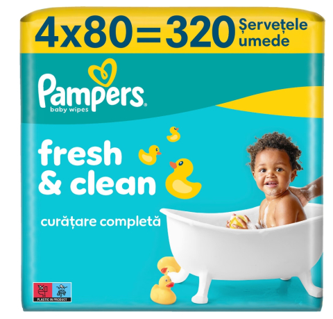 Scutece si servetele umede copii - Servetele umede Pampers Fresh Clean, 4 pachete x 80 servetele, 480 buc