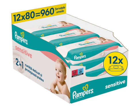 Scutece si servetele umede copii - Servetele umede Pampers Sensitive, 12 pachete x 80 servetele, 960 bucati