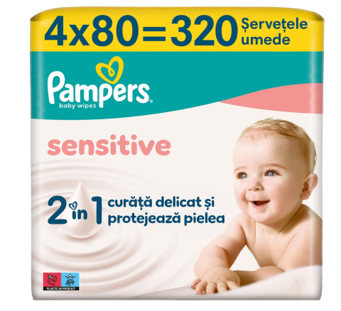 Scutece si servetele umede copii - Servetele umede Pampers Sensitive, 4 pachete x 80 servetele, 320 buc