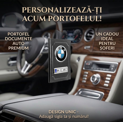 Seturi Cadou - Portofel acte AUTO personalizat cu sigla si numar inmatriculare - negru lucios