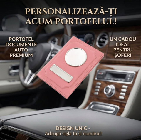 Portofel acte AUTO - Portofel acte AUTO personalizat cu sigla si numar inmatriculare - roz