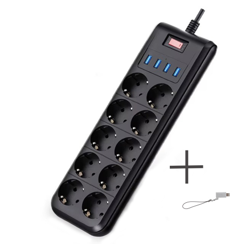 Prelungitor 10 prize si 4 porturi USB 3.1, intrerupator ON/OFF, lungime cablu 2m, protectie la suprasarcina si supratensiune, Negru [6]