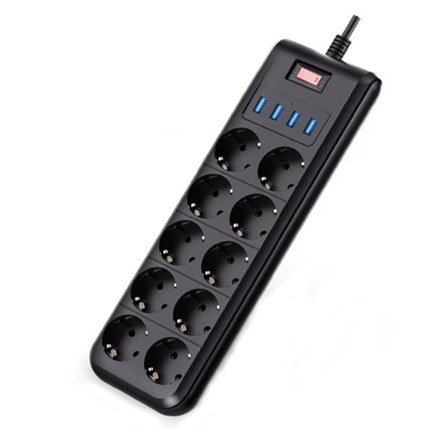 Smart Home - Prelungitor 10 prize si 4 porturi USB 3.1, intrerupator ON/OFF, lungime cablu 2m, protectie la suprasarcina si supratensiune, Negru