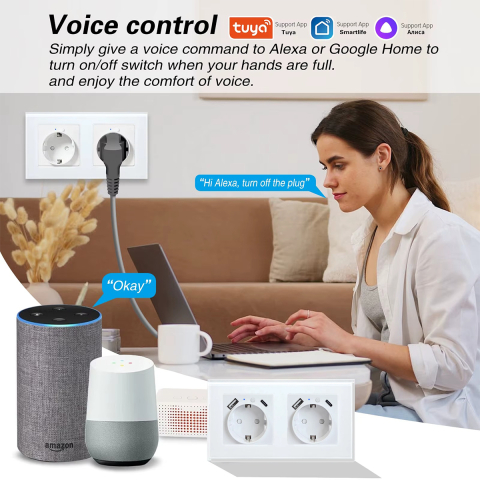 Priza inteligenta de perete wireless, Dubla, USB Type C si USB A, Rama de Sticla Securizata, Compatibila cu Google Assistant/Alexa , Aplicatie Tuya/Smart Life, Contorizare si Monitorizare Consum , Alb [1]