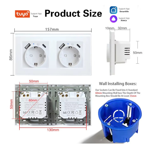 Priza inteligenta de perete wireless, Dubla, USB Type C si USB A, Rama de Sticla Securizata, Compatibila cu Google Assistant/Alexa , Aplicatie Tuya/Smart Life, Contorizare si Monitorizare Consum , Alb [2]