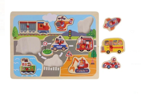 Jucarii interactive din lemn - Puzzle din Lemn Drum cu Masini (10 piese) 30x22cm