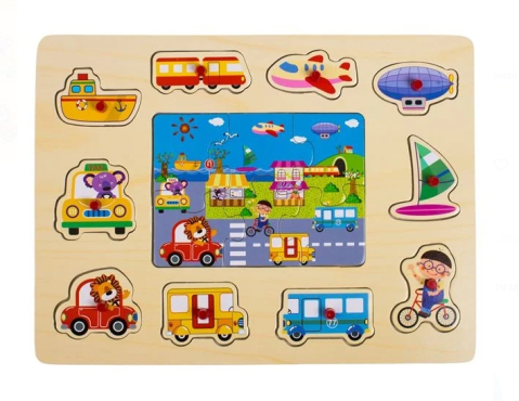 Jucarii interactive din lemn - Puzzle din Lemn Drum cu Vehicule de Transport (10 piese) 30x22cm