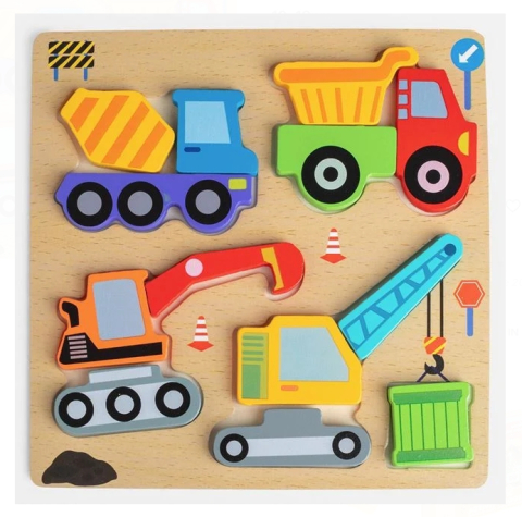 Jucarii interactive din lemn - Puzzle din Lemn cu Vehicule de Constructii 19x19cm