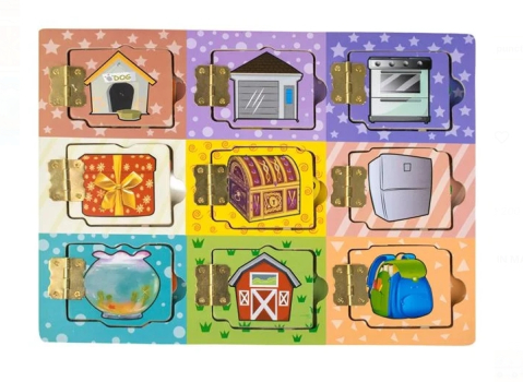 Jucarii interactive din lemn - Puzzle din Lemn cu Usi & Obiecte 30x22.5cm