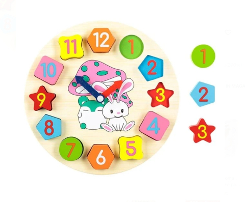 Jucarii interactive din lemn - Puzzle din Lemn Ceas Animale (12 piese) - 25cm