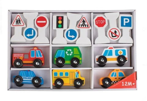 Jucarii interactive din lemn - Vehicule din Lemn cu Roti & Forme - 15 piese