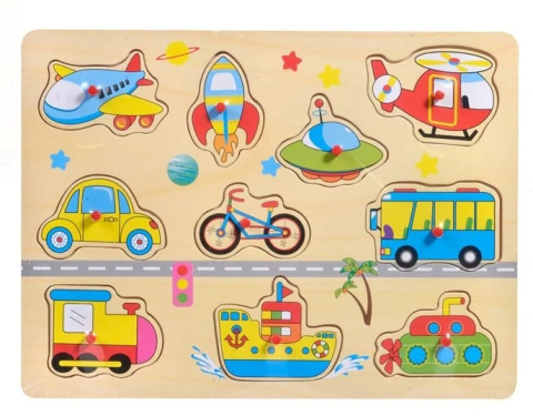 Jucarii interactive din lemn - Puzzle din Lemn Vehicule de Transport (10 piese) - 30x22cm