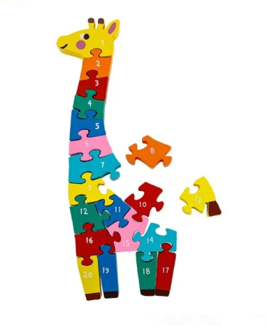 Jucarii interactive din lemn - Puzzle din Lemn cu Cifre Colorate Girafa 11x28cm