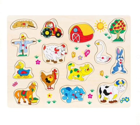 Jucarii interactive din lemn - Puzzle Incastru din Lemn Animale Ferma (14 piese) - 40x30cm