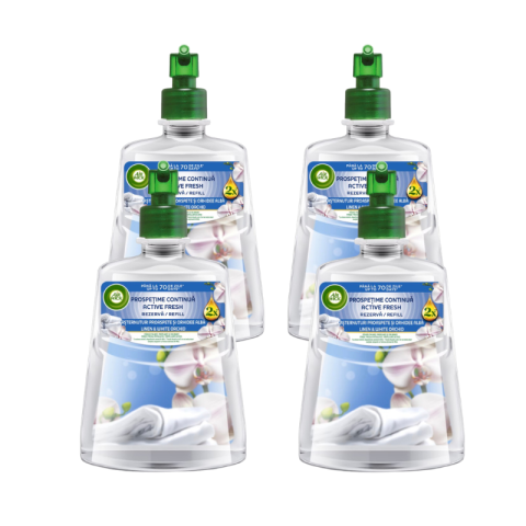 Odorizant Camera - Rezerva odorizant de camera spray automat fara aerosoli Air Wick, Asternuturi proaspete si orhidee alba, 228ml, 4 x 228 ml
