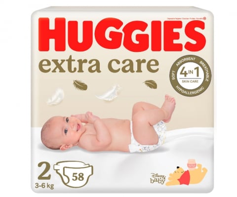 Scutece si servetele umede copii - Scutece Huggies Extra Care 2, Jumbo, 3-6 kg, 58 buc