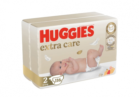 Scutece si servetele umede copii - Pachet Scutece Huggies Extra Care 2, Jumbo, 3-6 kg, 116 buc
