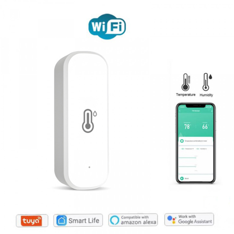 Senzor Temperatura si Umiditate, Compatibil cu Alexa/Google Home/Tuya/SmartLife, Monitorizare la Distanta, Wi-Fi 2,4 GHz, Alb [1]
