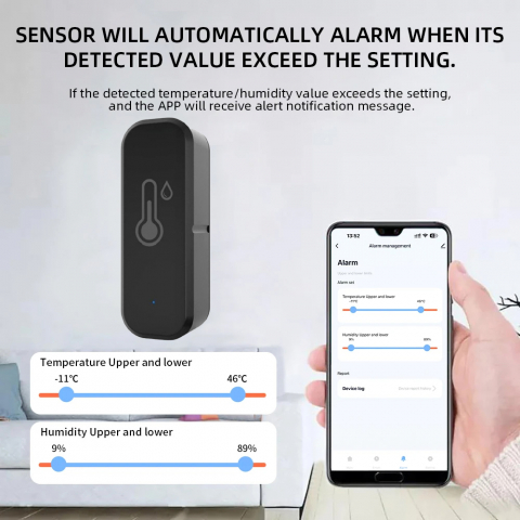 Senzor Temperatura si Umiditate, Compatibil cu Alexa/Google Home/Tuya/SmartLife, Monitorizare la Distanta, Wi-Fi 2,4 GHz, Negru [5]
