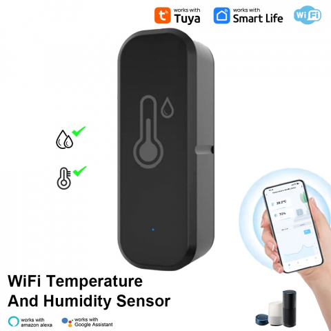 Senzor Temperatura si Umiditate, Compatibil cu Alexa/Google Home/Tuya/SmartLife, Monitorizare la Distanta, Wi-Fi 2,4 GHz, Negru [1]
